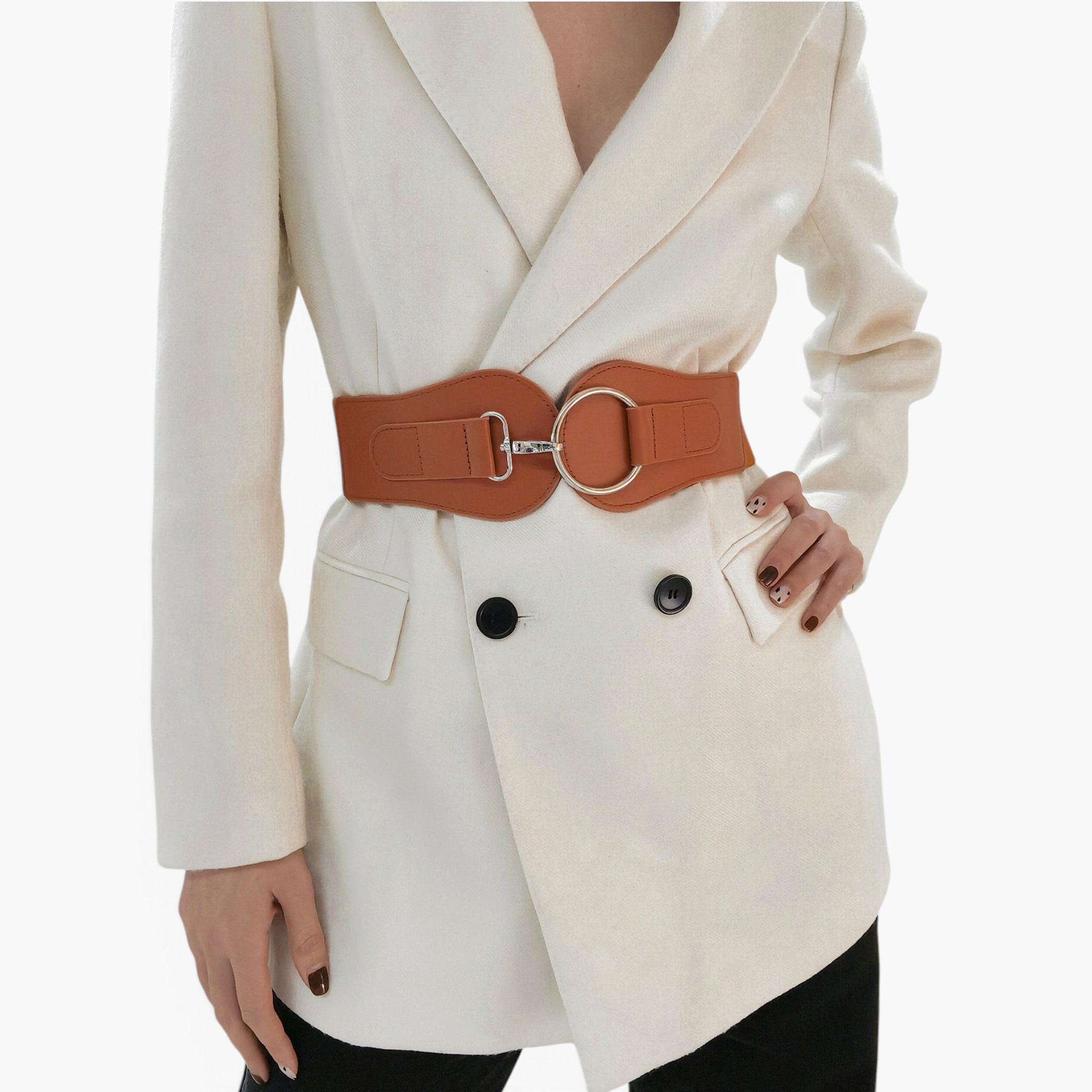 Beach Rose Co. wide tan PU waist belt with a silver ring clasp worn over a white blazer