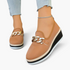Beach Rose Co. tan textured PU leather wedge loafers featuring a chunky silver chain accent and layered sole.