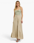 Beach Rose Co. tan wide leg pants featuring curved seams and gathered hems worn by a blonde model with a lace tank top