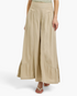 Beach Rose Co. tan wide leg pants in a rayon linen blend with curved seams and gathered hem panels.
