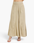Beach Rose Co. tan wide leg linen blend pants featuring curved seams and gathered hem panels on a model with sandals.