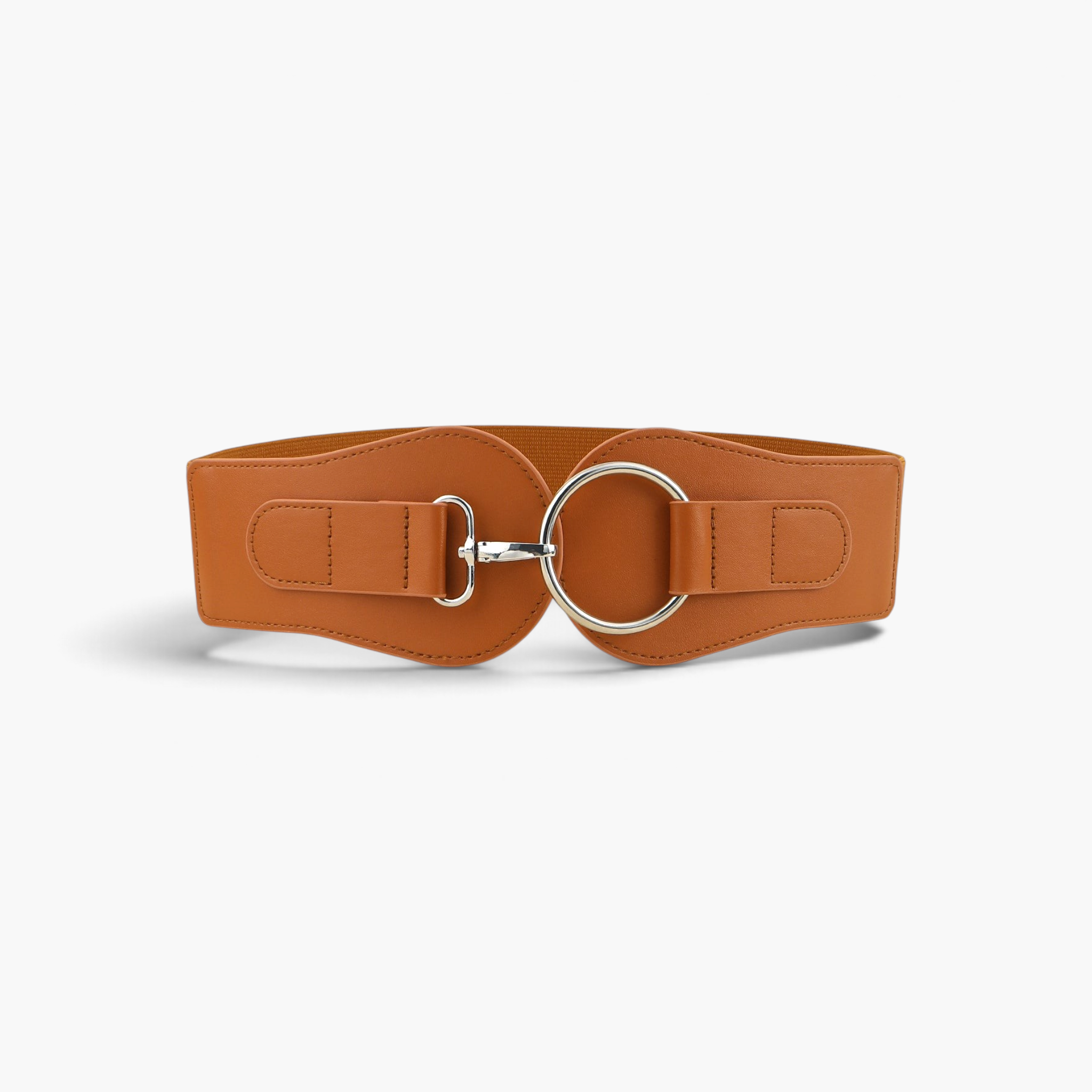 Beach Rose Co. wide brown waist belt with contoured PU panels, elastic back, and silver-tone ring buckle clasp.