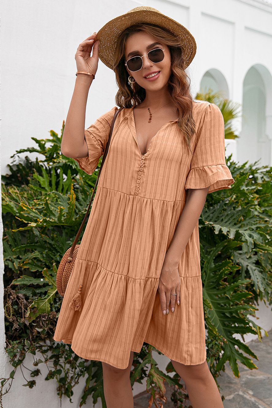 Beach Rose Co. - Tassel Tie - Neck Ruffle Hem Knee - Length Dress