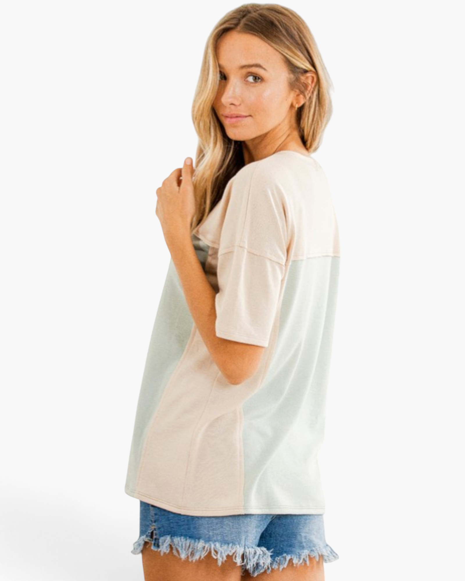 Beach Rose Co. relaxed fit taupe and light gray colorblock short sleeve top worn with denim shorts