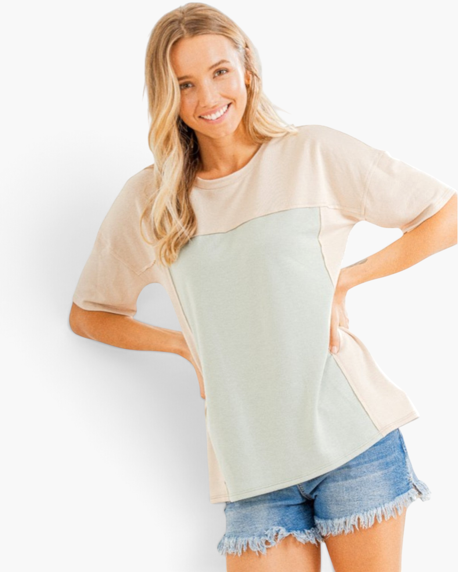 Beach Rose Co. relaxed taupe and light gray colorblock short sleeve top with a round neckline on a smiling model