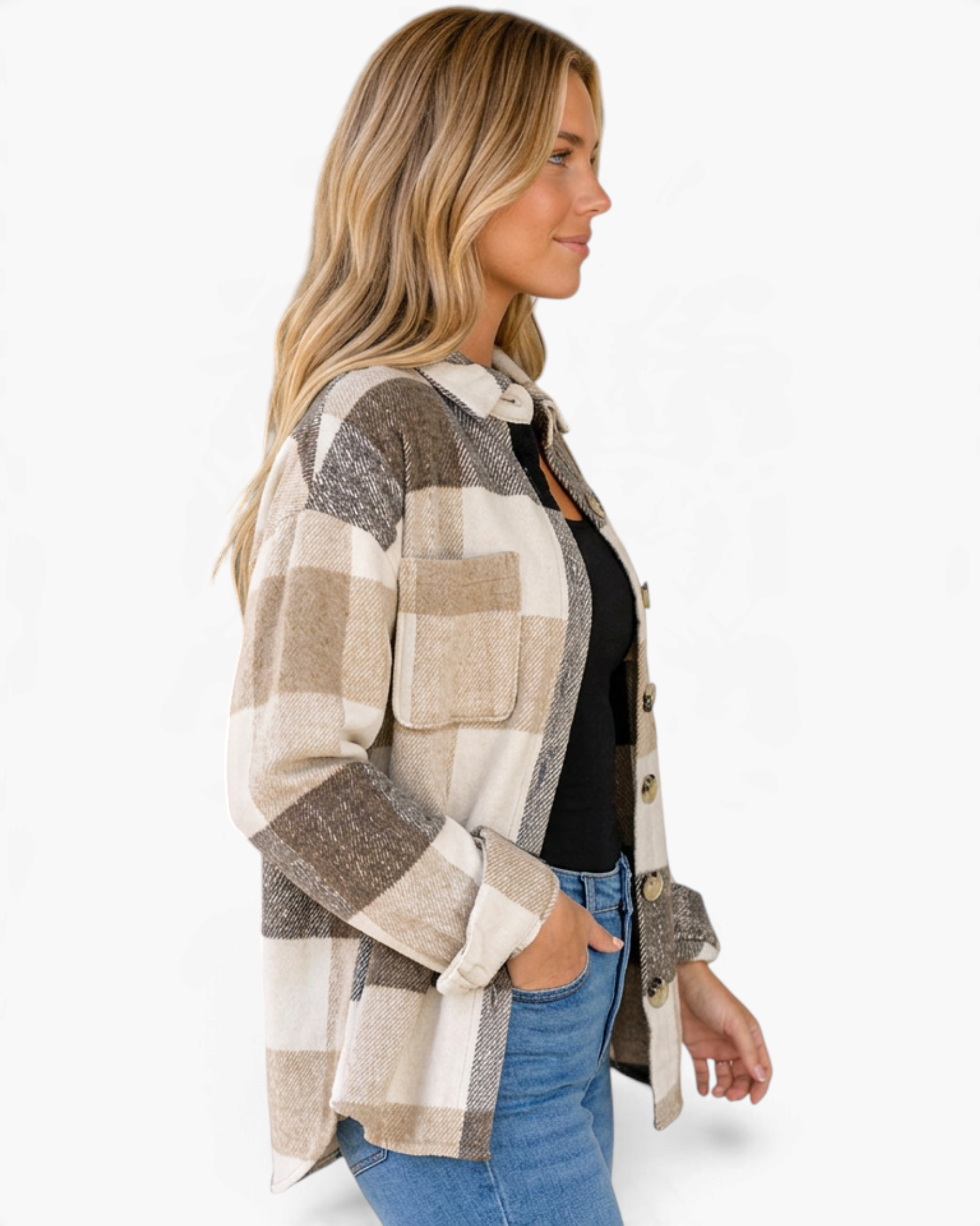 Beach Rose Co. taupe and cream plaid shacket with chest pockets and dropped shoulders worn by a blonde model