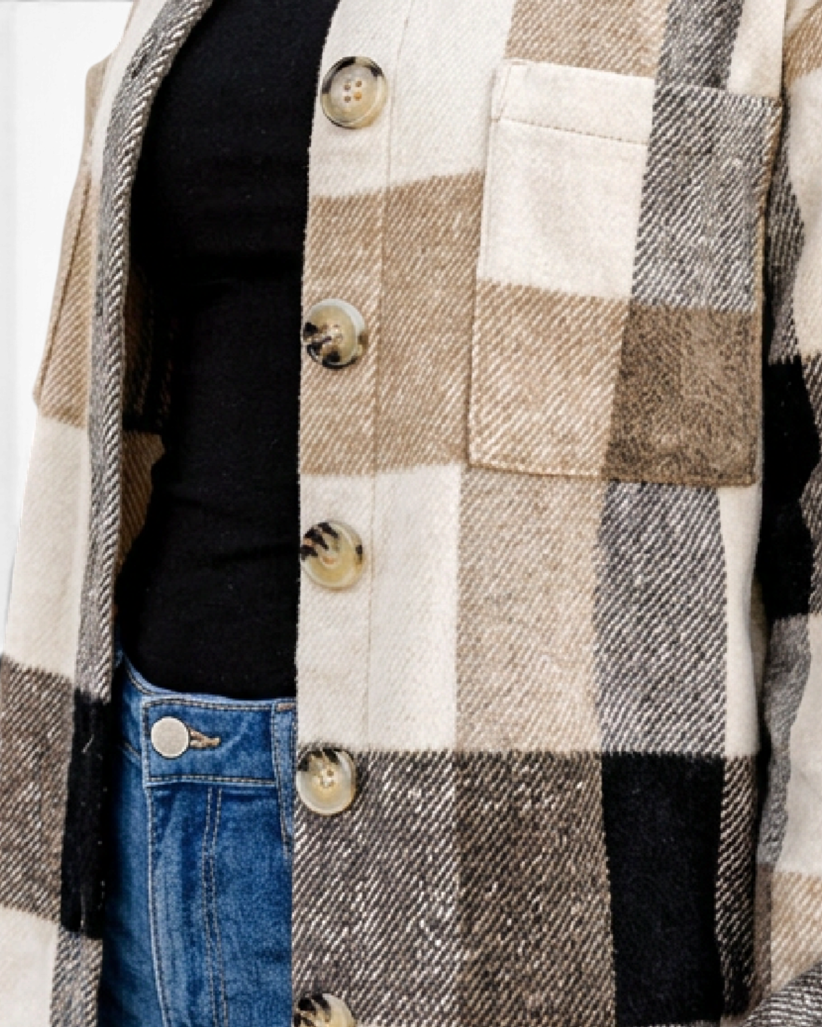Beach Rose Co. taupe and cream plaid shacket featuring a button-front closure, chest pocket, and relaxed fit.
