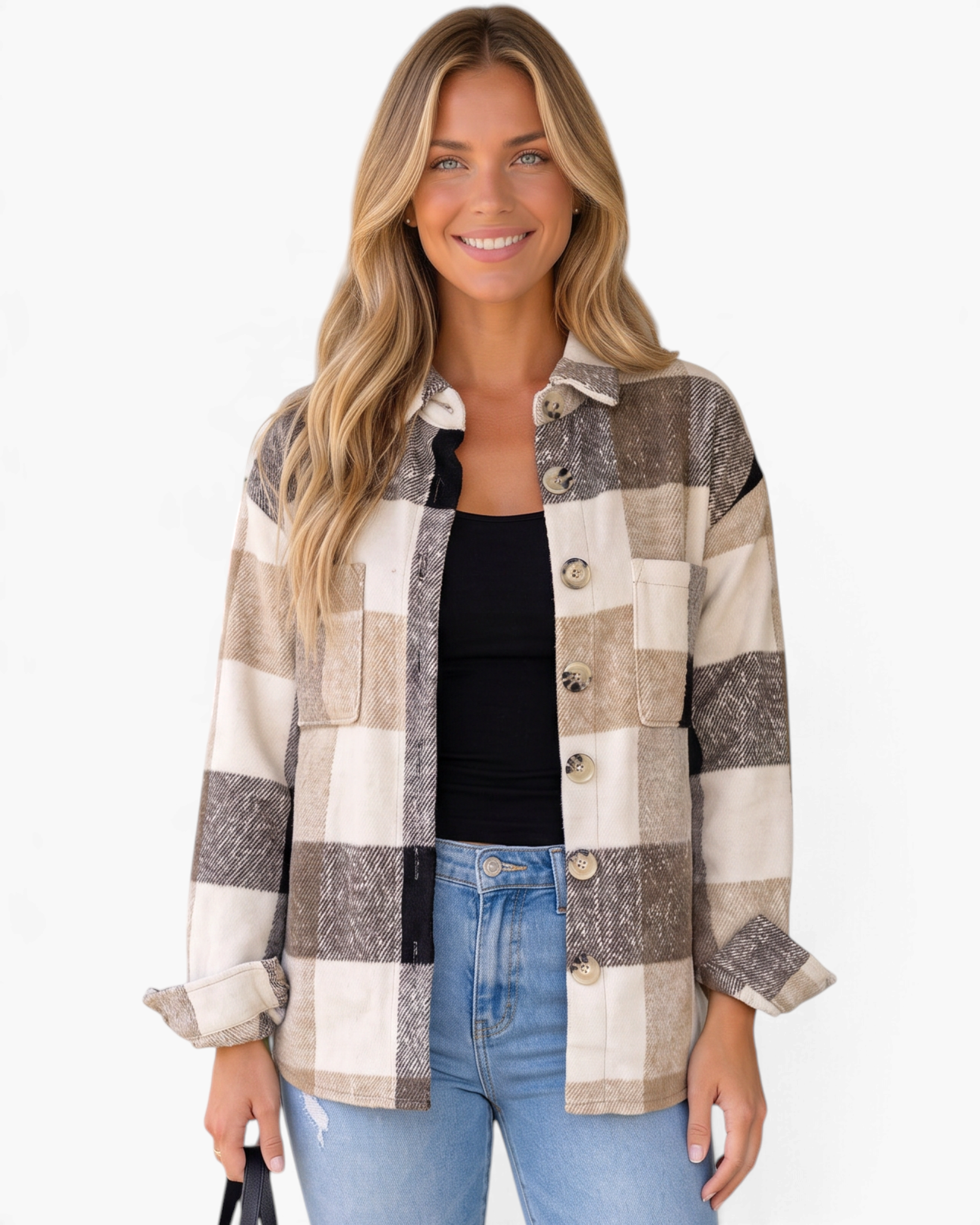 Beach Rose Co. taupe and cream plaid button-front shacket with chest pockets worn by a smiling woman