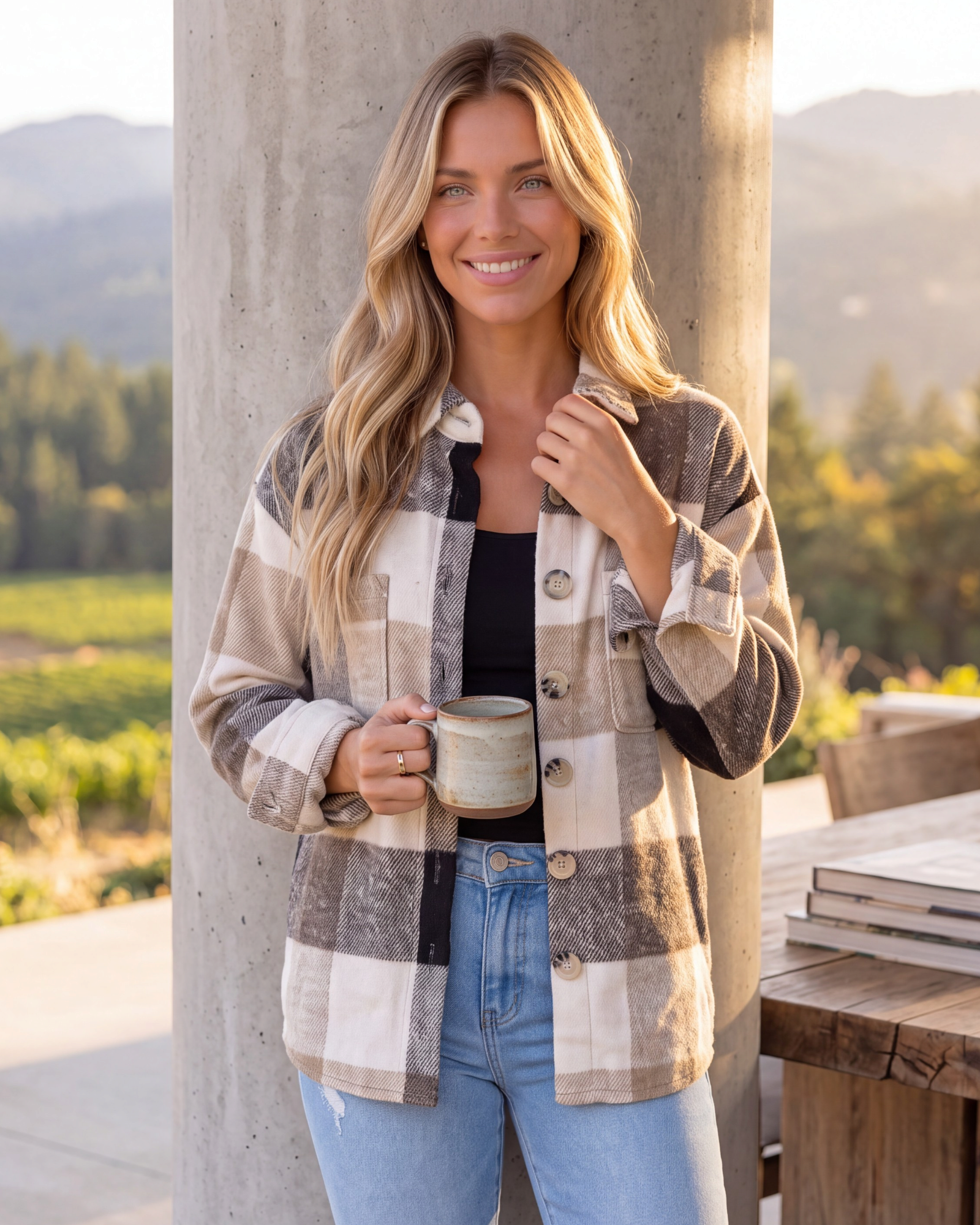 Beach Rose Co. taupe and cream plaid button-front shacket with chest pockets worn by a woman holding a coffee mug.