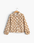 Beach Rose Co. taupe and cream polka dot teddy jacket with plush texture, snap front, and contrast trim.