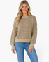 Beach Rose Co. taupe and charcoal diamond knit sweater with balloon sleeves and a relaxed fit worn by a blonde woman.