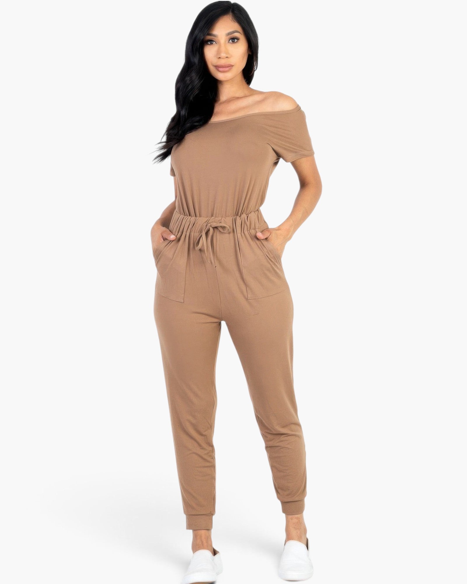 Beach Rose Co. taupe two-way shoulder drawstring jumpsuit in soft stretch jersey with tapered legs and side pockets