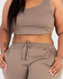 Beach Rose Co. plus size taupe French terry cropped tank top and drawstring jogger set on a model