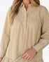 Beach Rose Co. taupe and ivory vertical striped shirt dress with a pointed collar and gathered v-yoke detail.