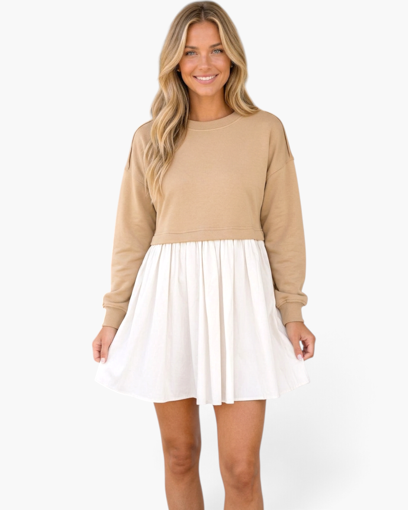 Beach Rose Co. taupe sweatshirt bodice mini dress with a gathered ivory skirt and long sleeves on a smiling model.