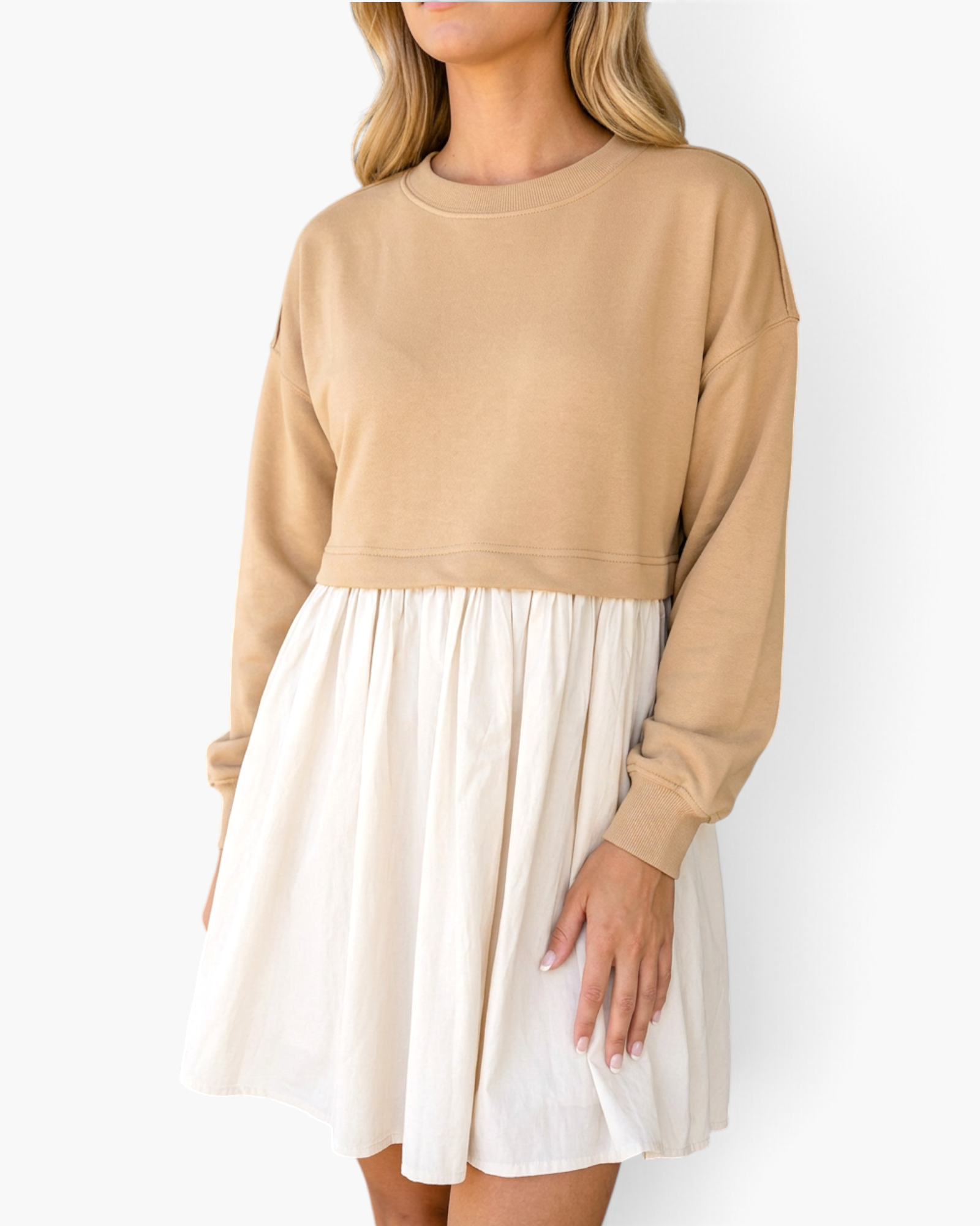 Beach Rose Co. taupe sweatshirt bodice dress with a gathered ivory skirt and long sleeves on a model