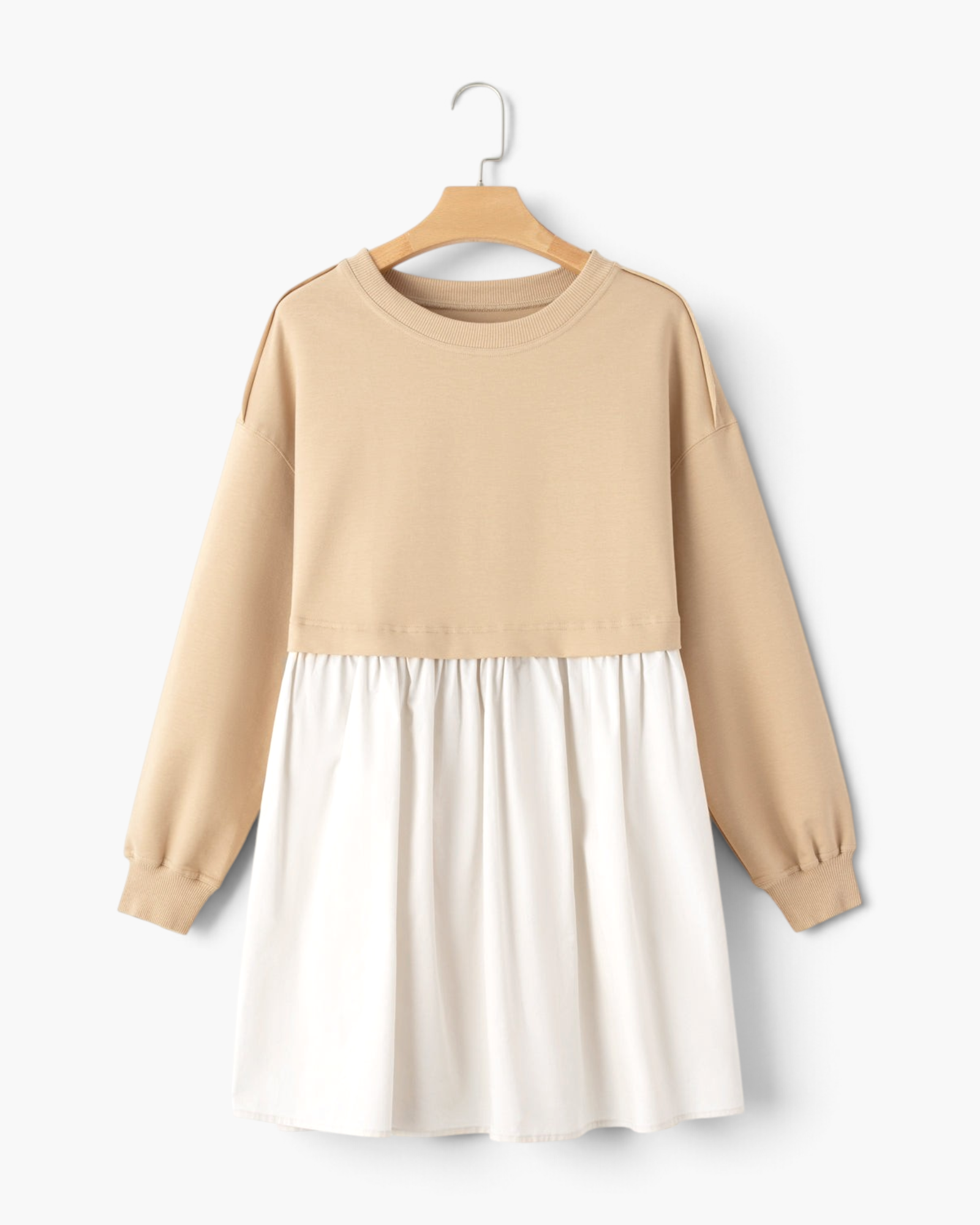 Beach Rose Co. taupe sweatshirt bodice mini dress with a gathered ivory woven skirt and long ribbed sleeves.