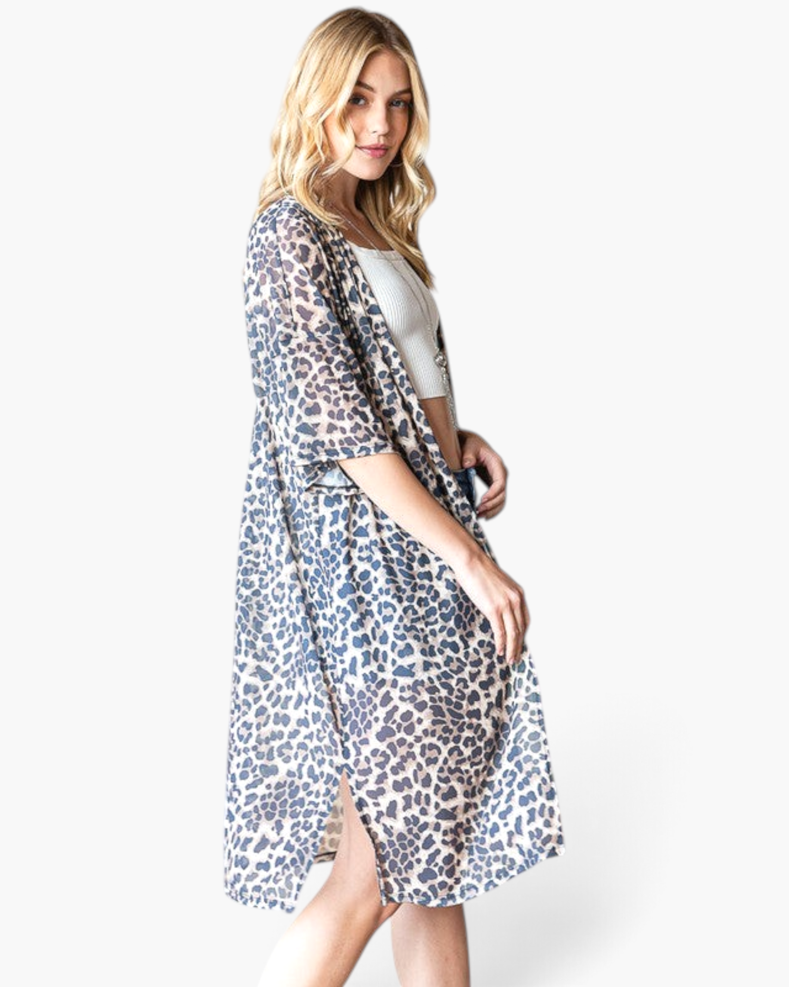 Beach Rose Co. taupe leopard print duster kimono with an open front and flowing silhouette worn by a blonde model