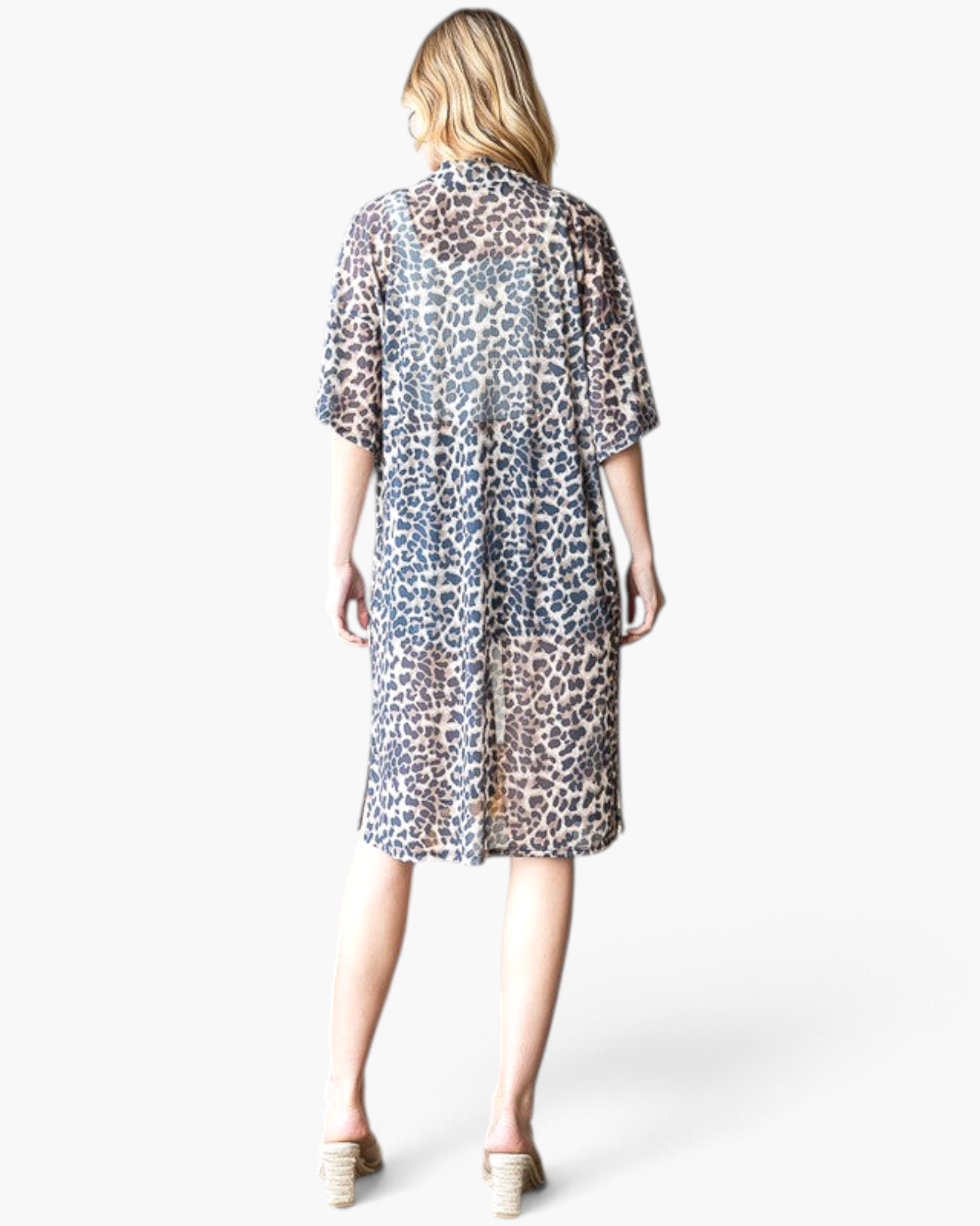 Beach Rose Co. taupe leopard print duster kimono with elbow-length sleeves and a flowing longline silhouette