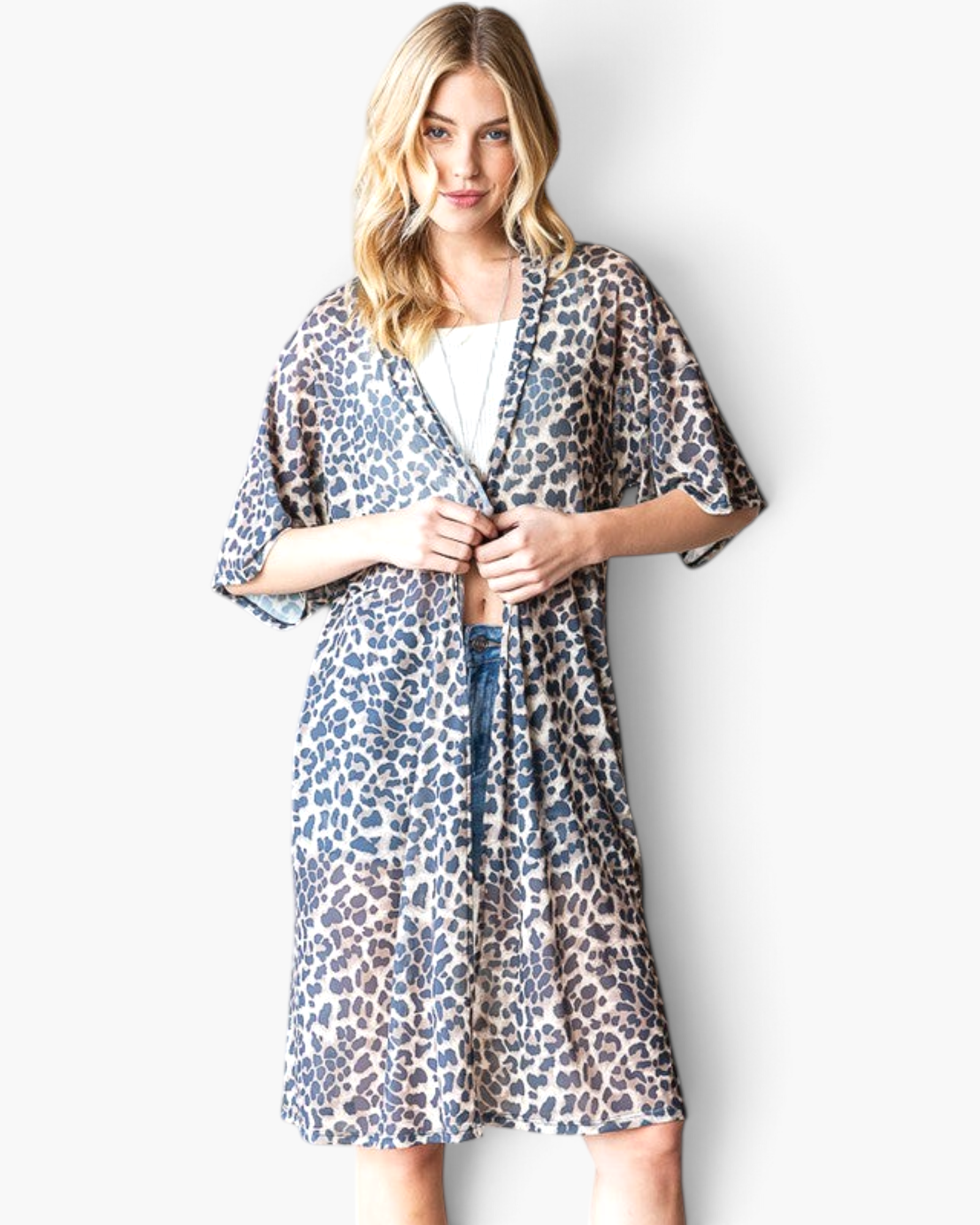 Beach Rose Co. taupe leopard print duster kimono with an open front, relaxed fit, and elbow-length sleeves.