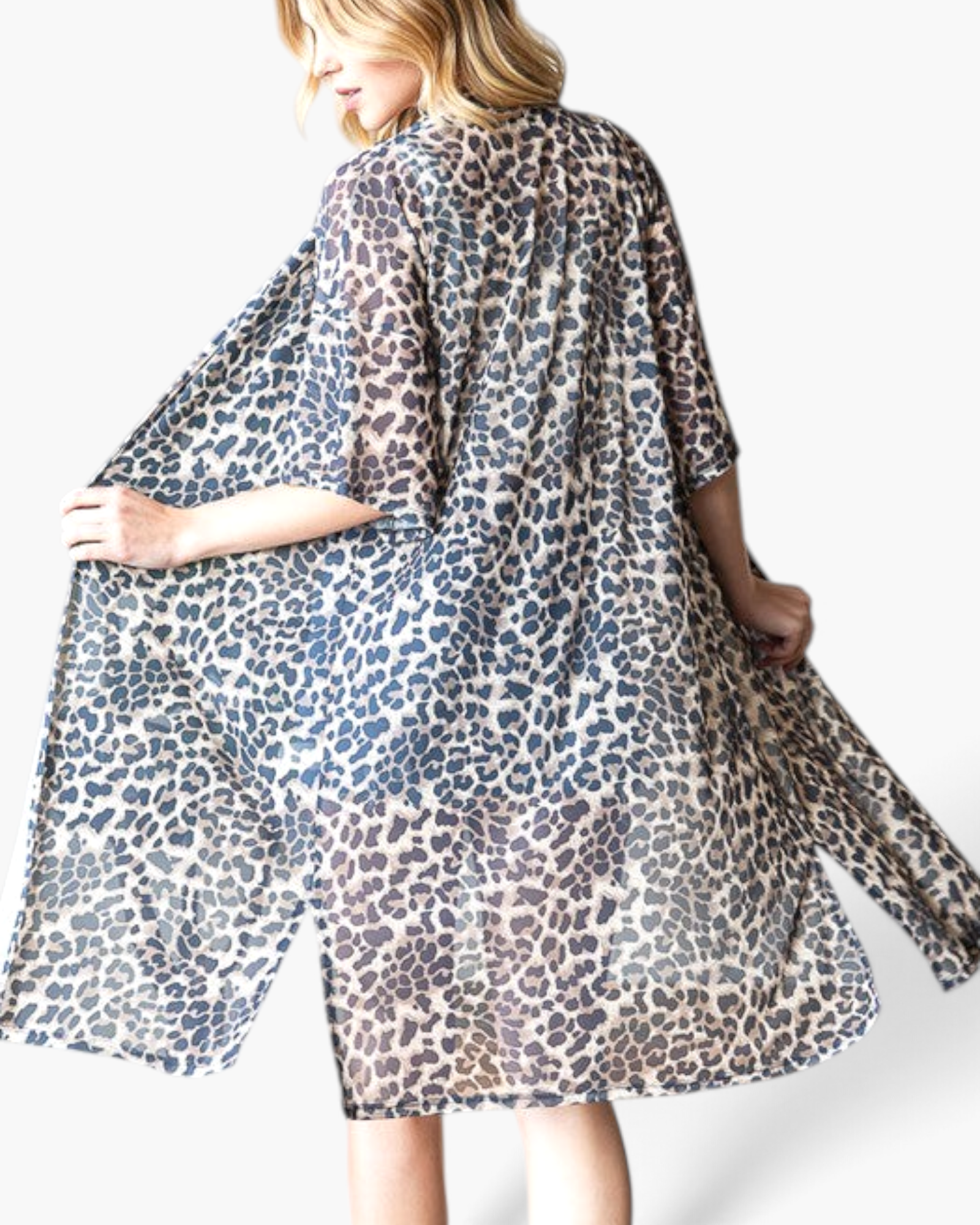 Beach Rose Co. taupe leopard print duster kimono with elbow-length sleeves and a flowing open-front silhouette
