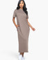 Beach Rose Co. taupe midi tee dress with short sleeves and side pockets worn by a model on a white background