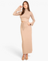 Model wearing Beach Rose Co. taupe mock neck crop top with bell sleeves and matching maxi skirt with drawstring waist.