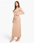 Beach Rose Co. taupe mock neck crop top with bell sleeves and matching maxi skirt with drawstring waist on a model