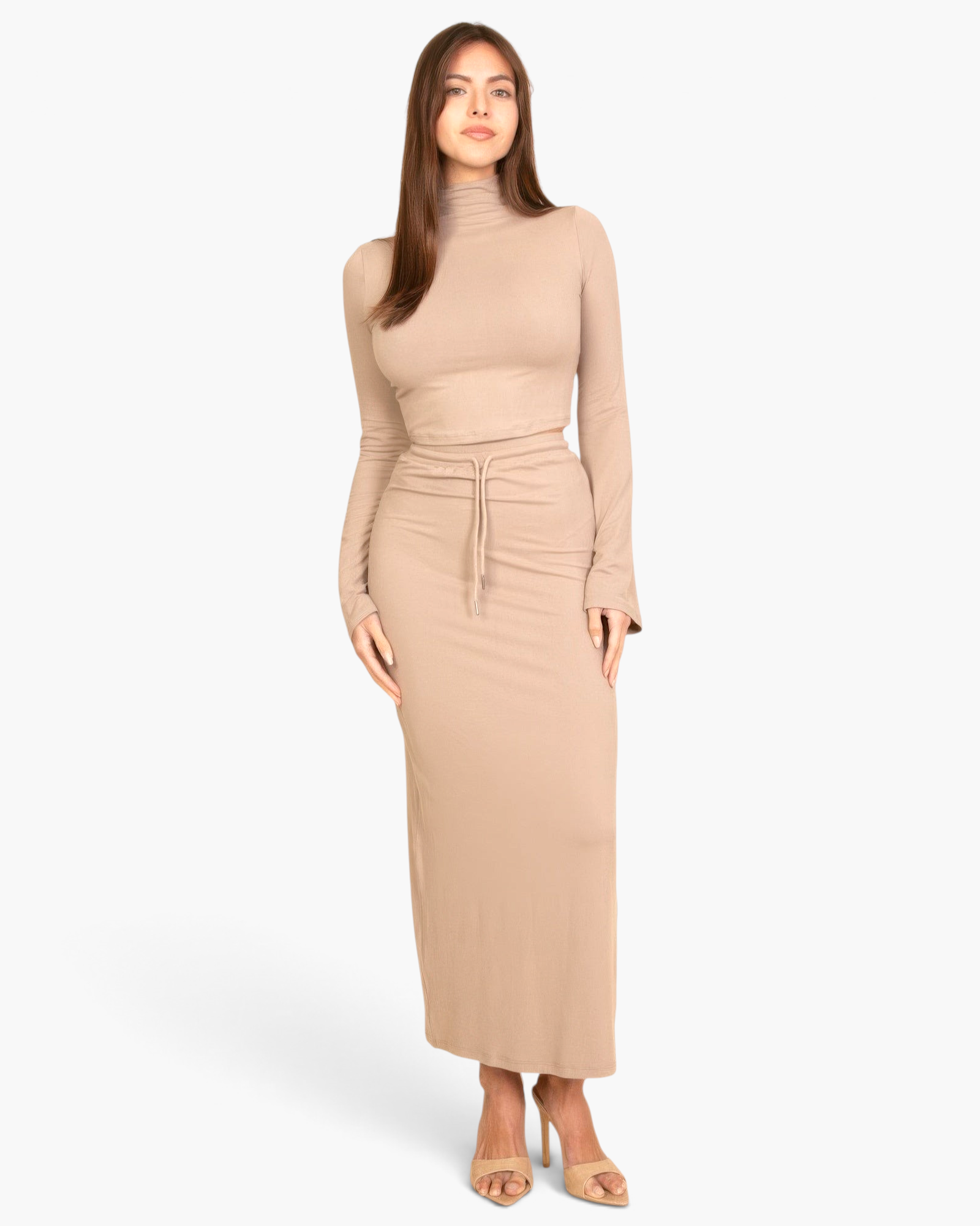 Beach Rose Co. taupe mock neck crop top and maxi skirt set with bell sleeves and drawstring waist on a model