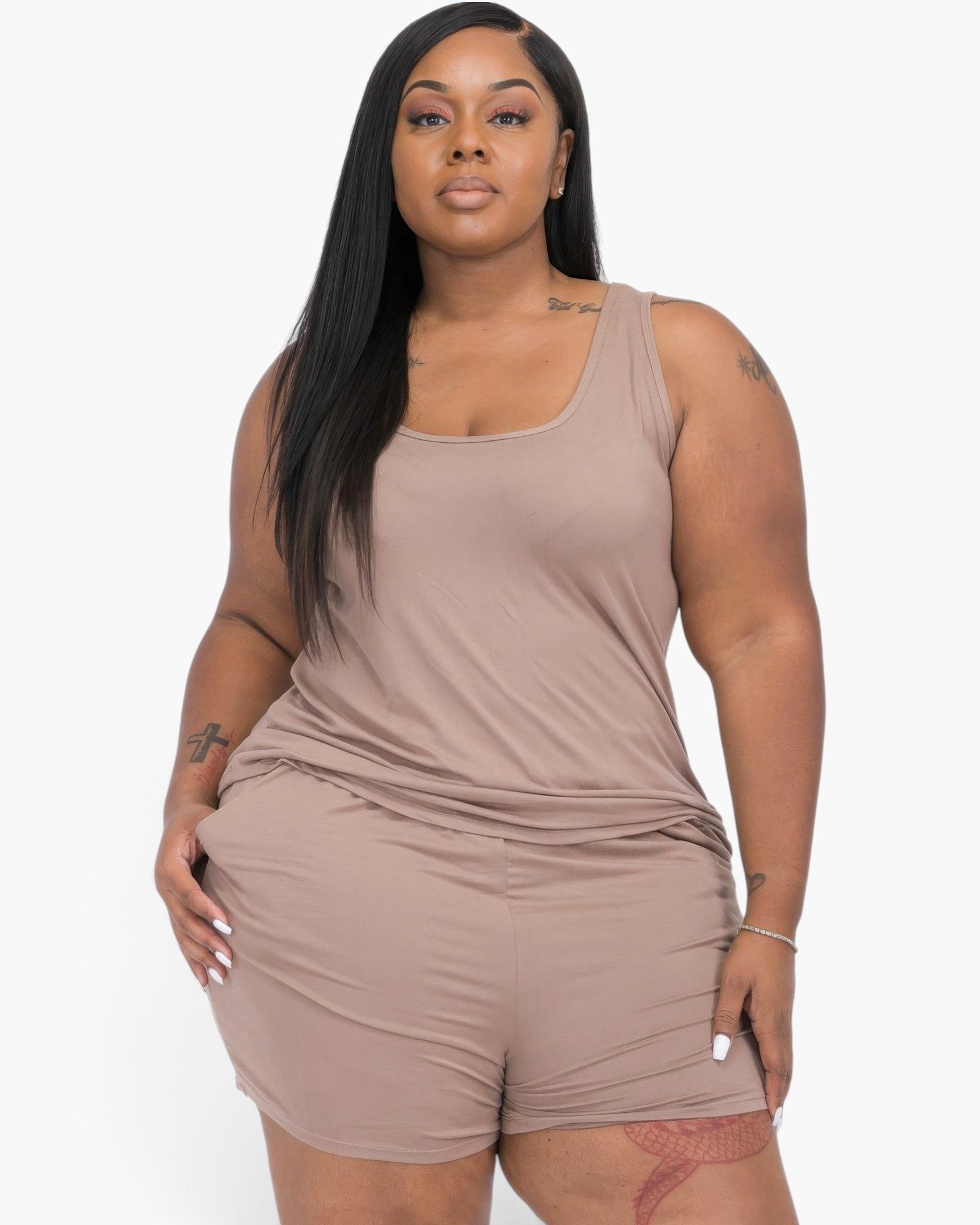 Beach Rose Co. plus size taupe gray tank top and shorts lounge set worn by a woman with long dark hair.