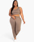 Beach Rose Co. plus size taupe French terry cropped tank top and jogger set worn by a model on a white background
