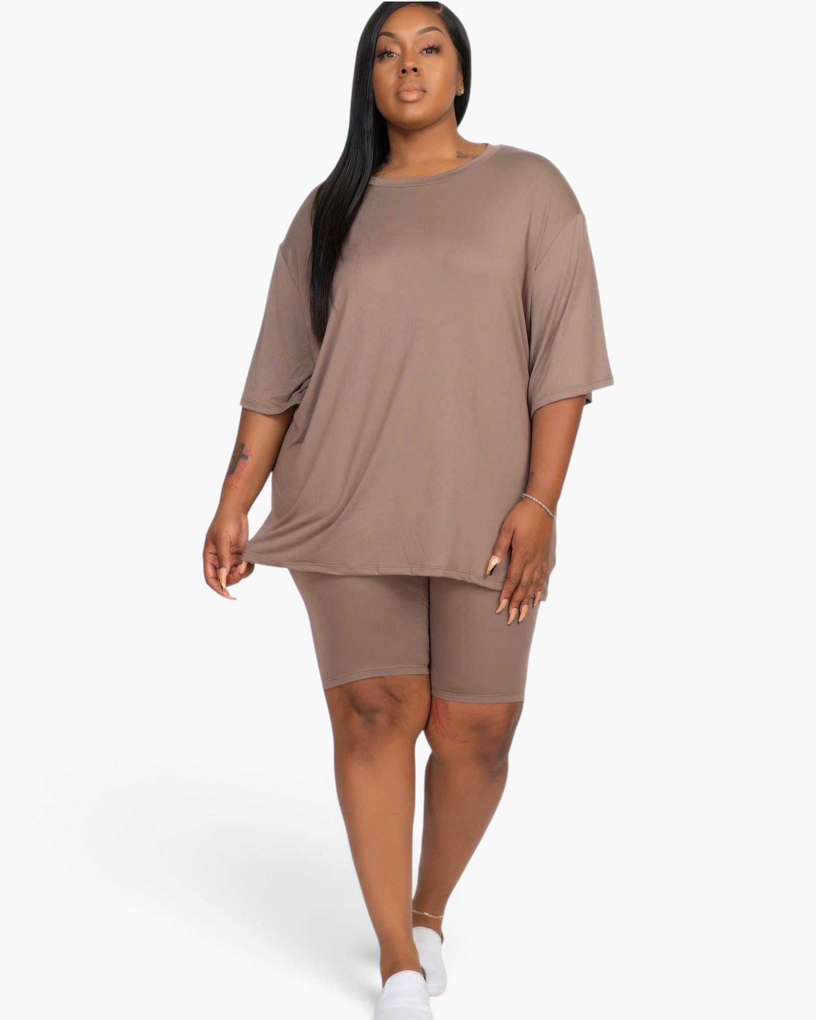 Beach Rose Co. plus size taupe loose fit top and biker shorts set on a model against a white background