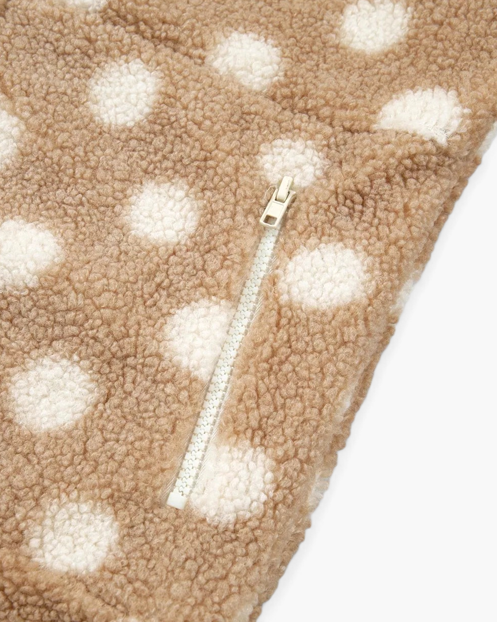 Beach Rose Co. taupe teddy jacket with cream polka dots and a functional zippered pocket detail.