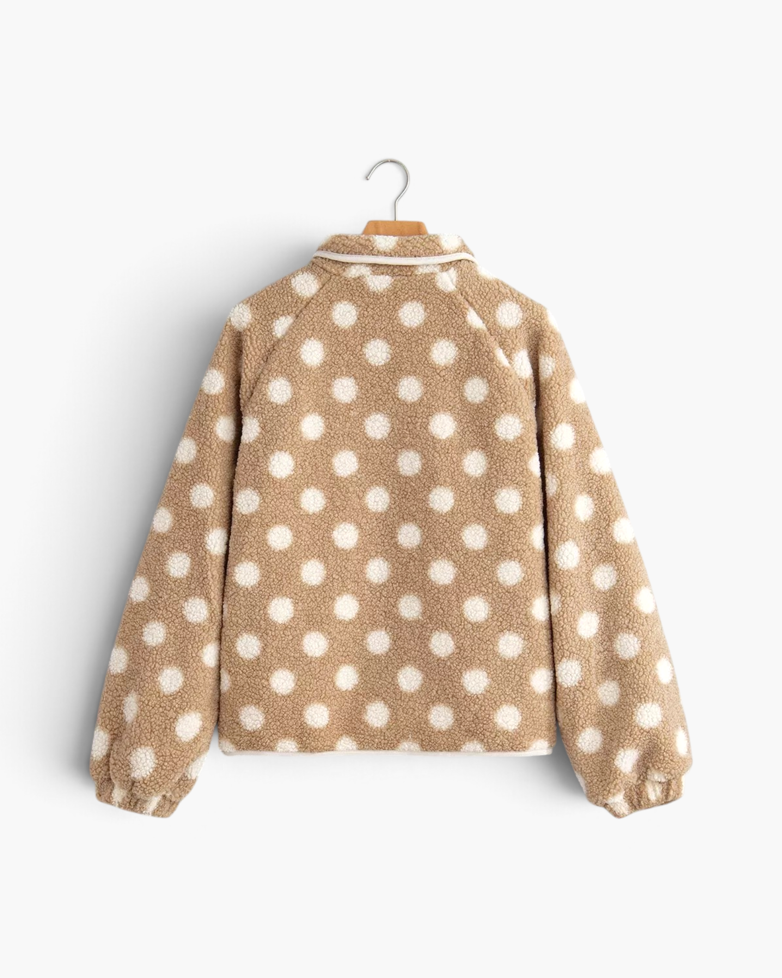 Beach Rose Co. taupe teddy jacket with cream polka dots, featuring a stand collar and plush polyester texture.