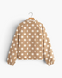 Beach Rose Co. taupe teddy jacket with cream polka dots, featuring a stand collar and plush polyester texture.