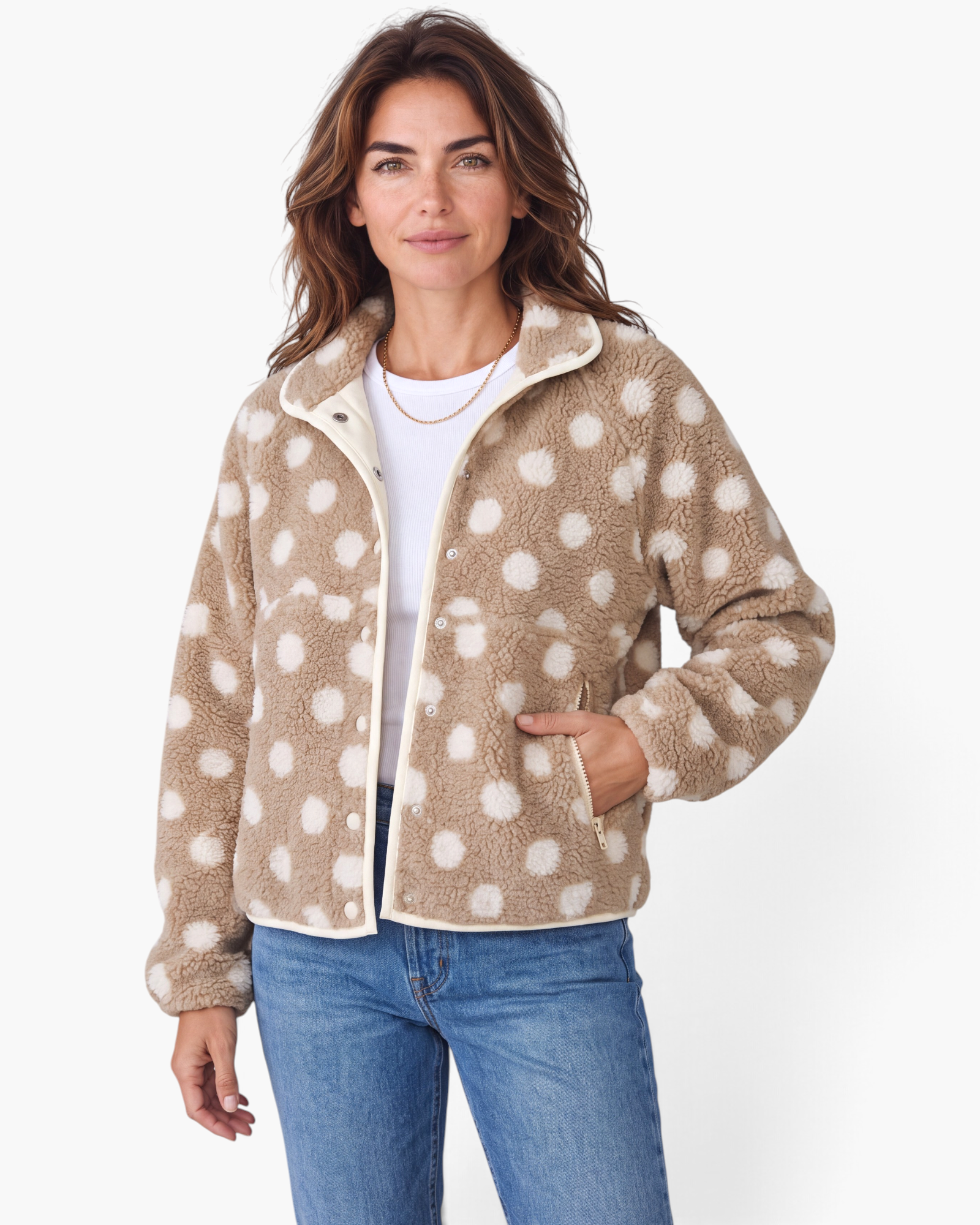 Beach Rose Co. taupe and cream polka dot teddy jacket with a stand collar, snap front, and zippered pockets on a model