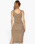 Beach Rose Co. taupe ribbed sleeveless bodycon midi dress with a side slit viewed from the back on a model