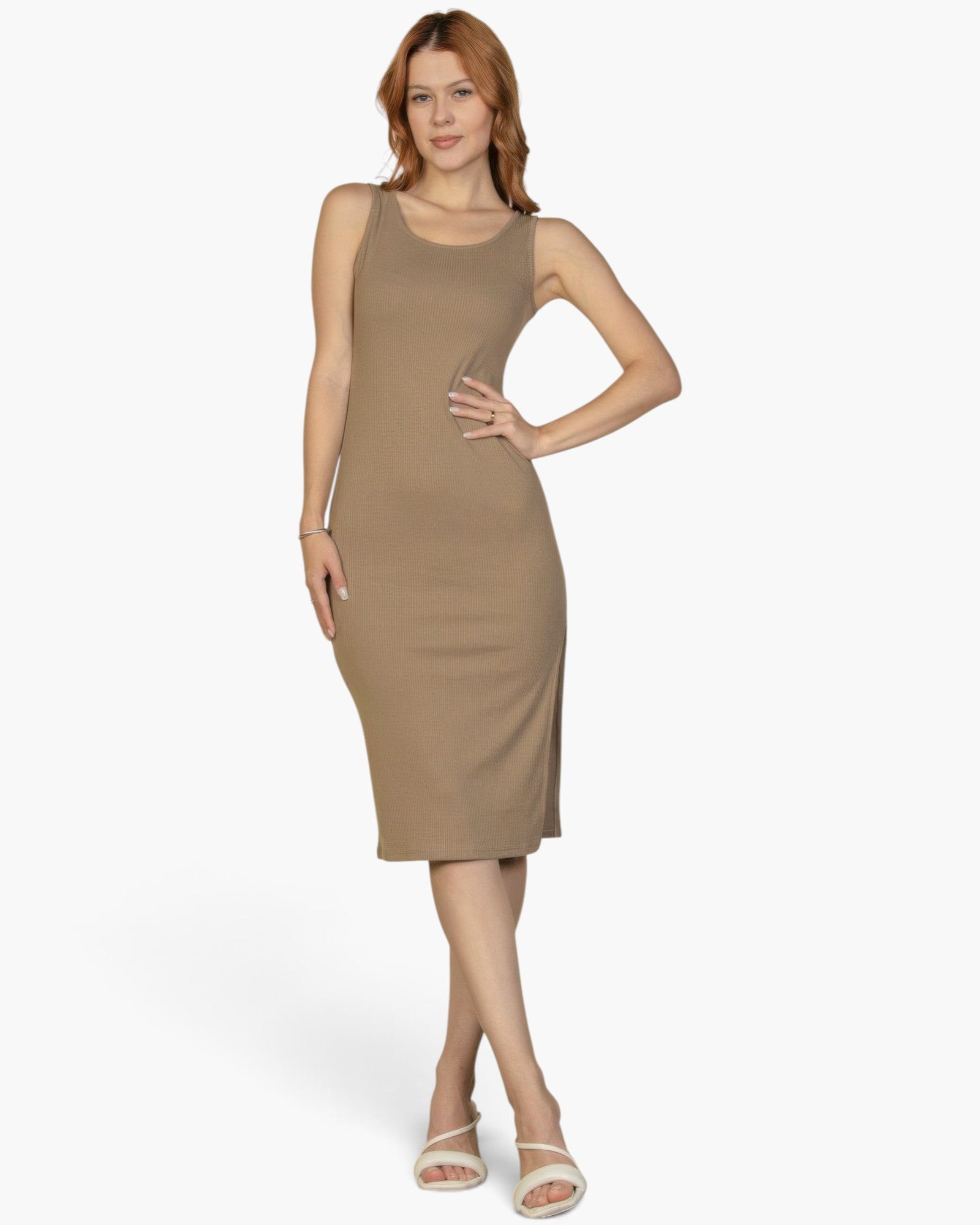 Beach Rose Co. taupe ribbed bodycon midi dress with a sleeveless tank top design and side slit on a female model