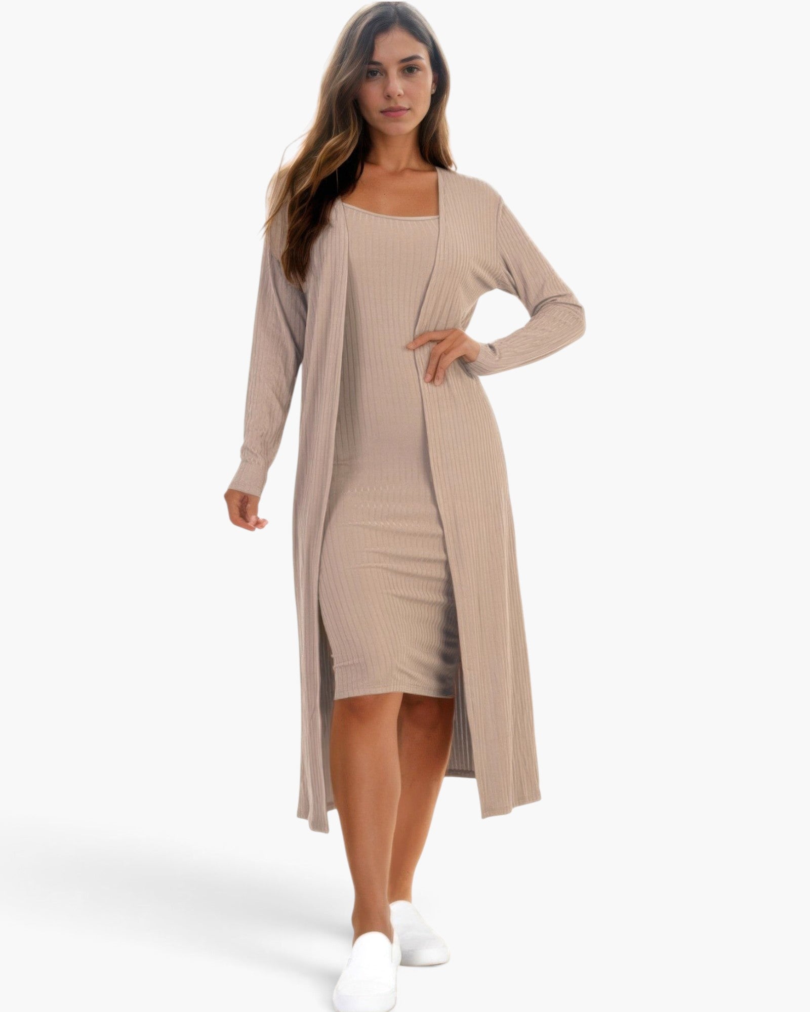 A woman wearing a taupe Beach Rose Co. ribbed midi bodycon dress and matching long cardigan with white sneakers.