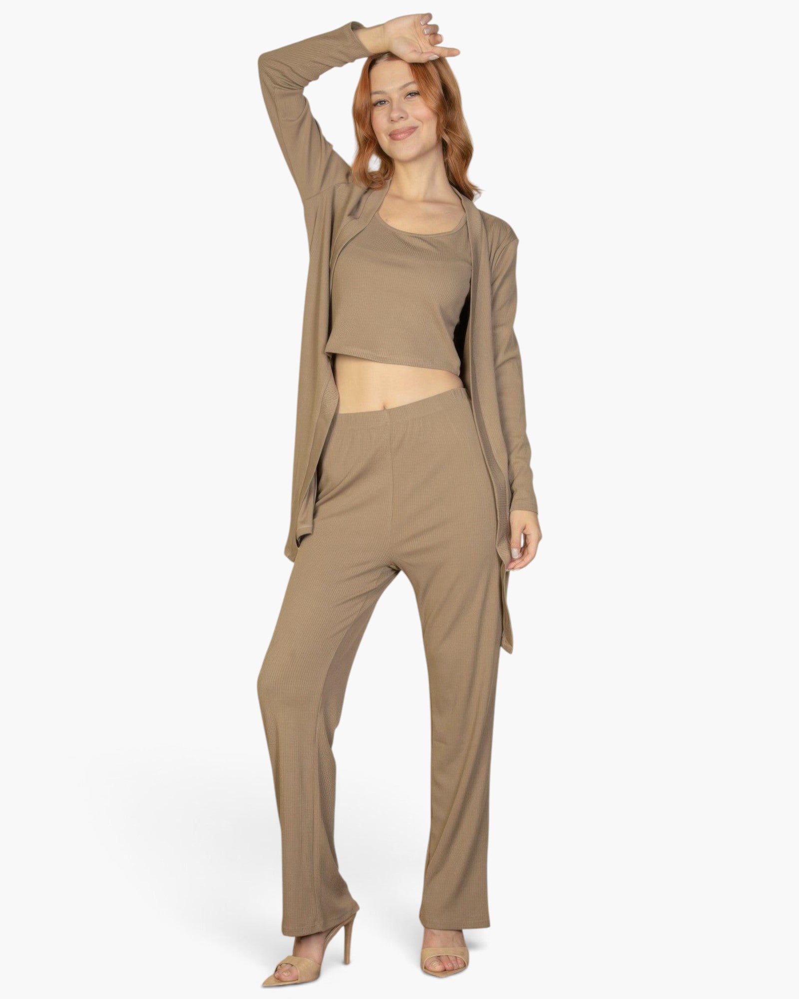 Beach Rose Co. taupe three-piece loungewear set featuring a ribbed cami top, straight-leg pants, and long cardigan.