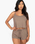 Beach Rose Co. taupe ribbed strappy top and matching shorts set worn by a woman against a white background
