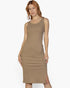 Beach Rose Co. taupe ribbed bodycon midi dress with a sleeveless tank top design and side slit on a female model