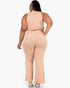 Beach Rose Co. plus size taupe ribbed mock neck crop tank top and bootcut pants set on a model, back view.