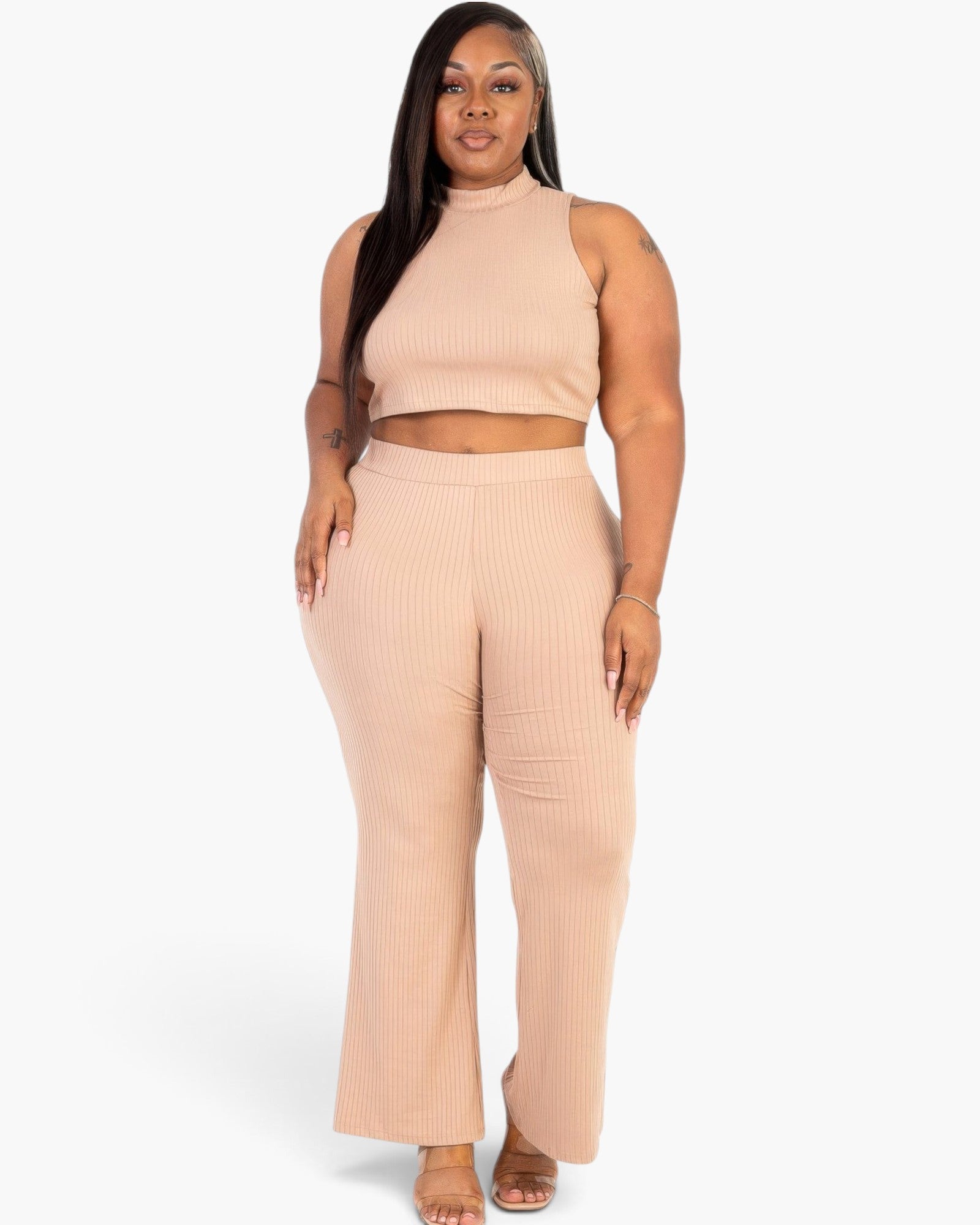 Beach Rose Co. plus size taupe ribbed mock neck crop tank top and matching bootcut pants set on a model.