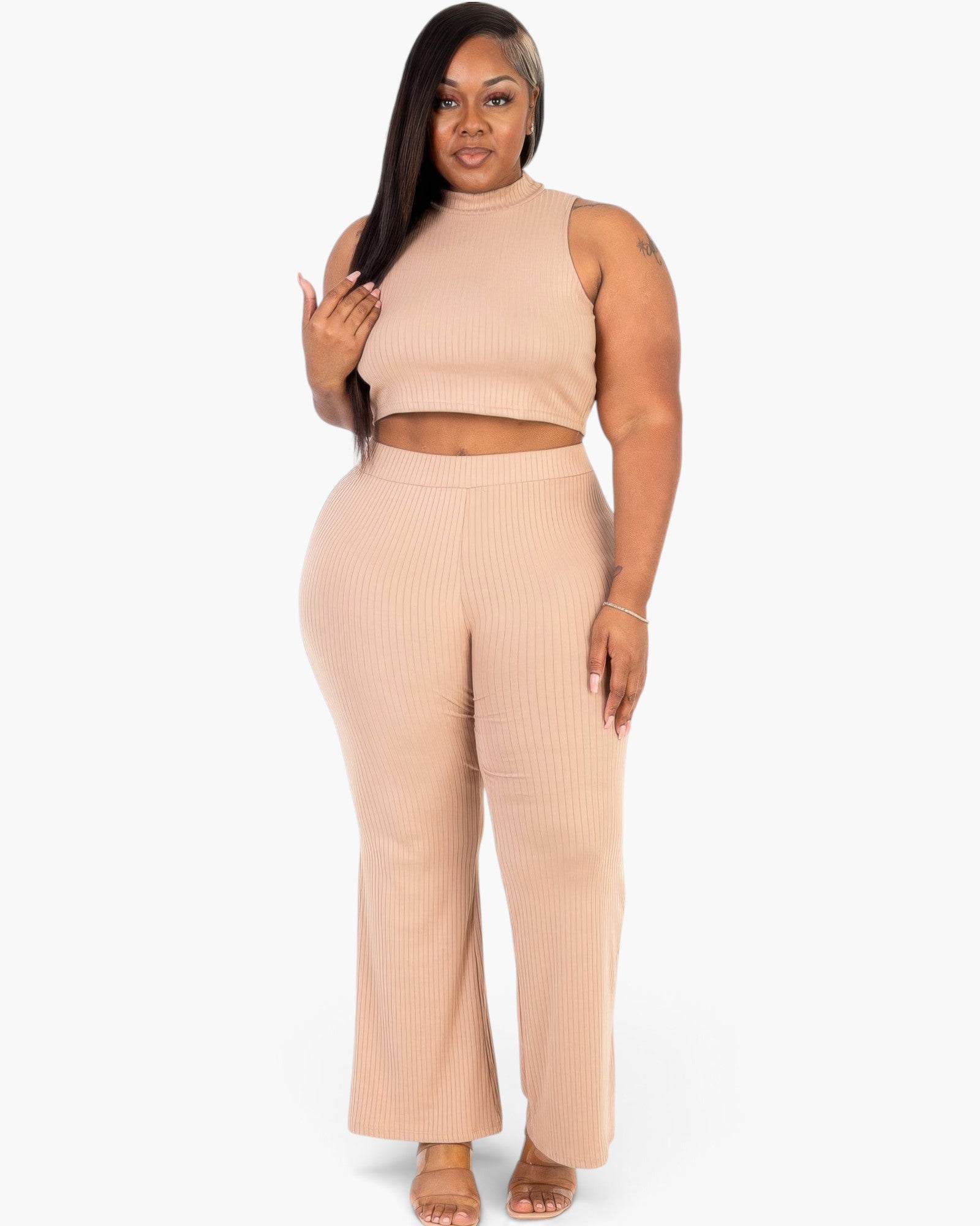 Beach Rose Co. plus size taupe ribbed mock neck crop tank top and matching bootcut pants set on a model.