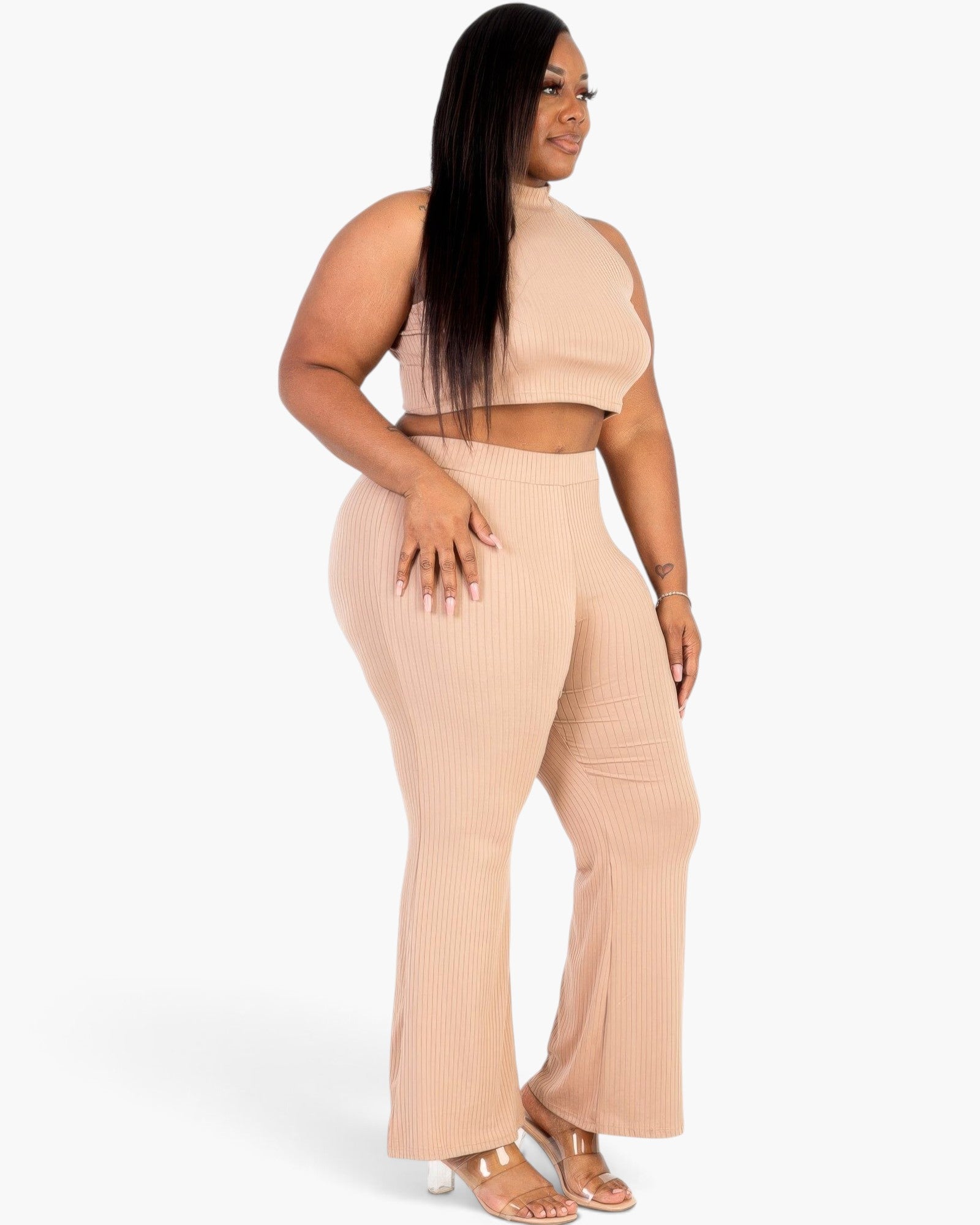 Beach Rose Co. plus size taupe ribbed mock neck crop tank top and bootcut pants set worn by a model.