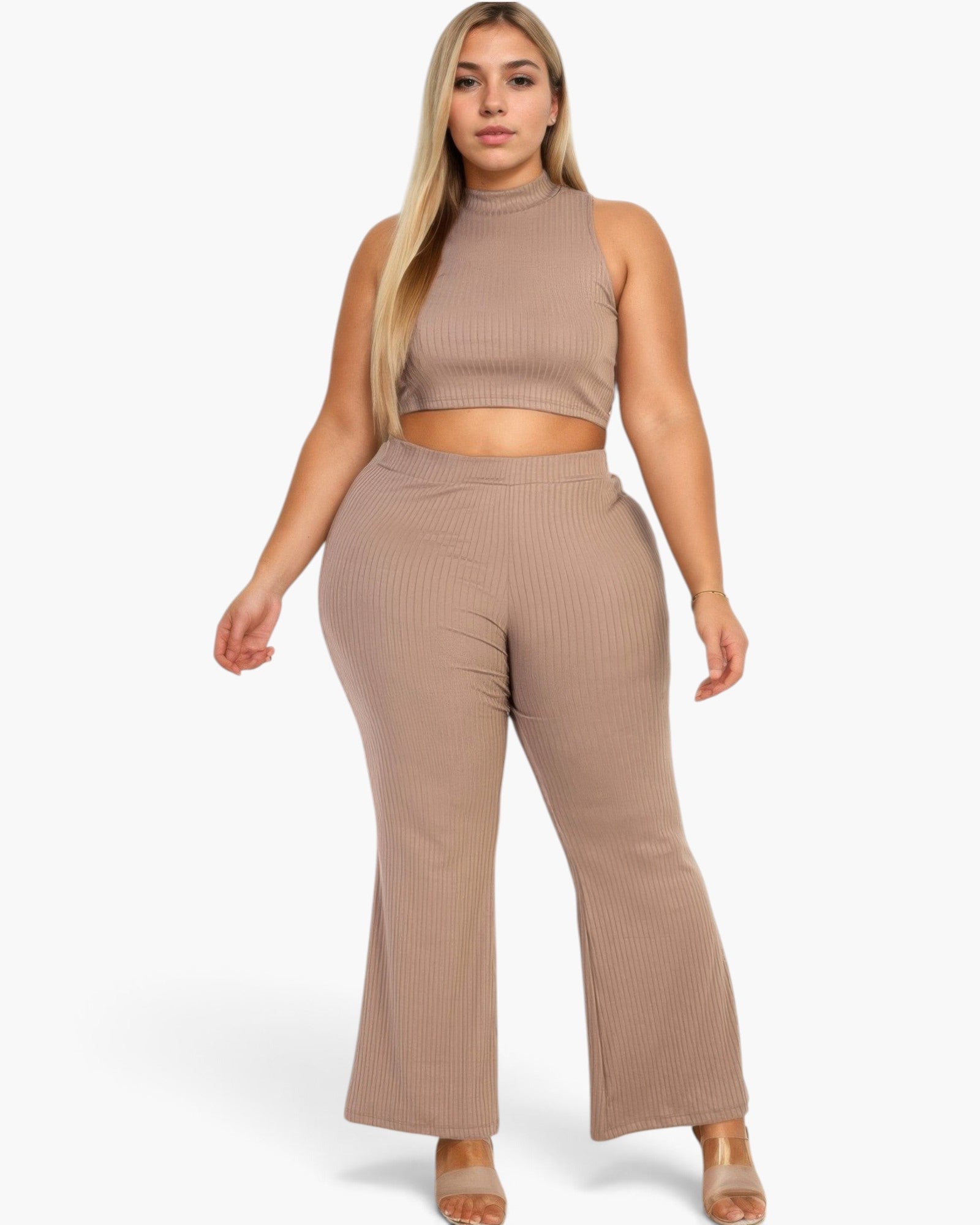 Beach Rose Co. plus size taupe ribbed mock neck crop tank top and matching bootcut pants worn by a blonde model.