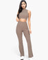 Beach Rose Co. taupe ribbed mock neck crop tank top and matching bootcut pants set worn by a model.
