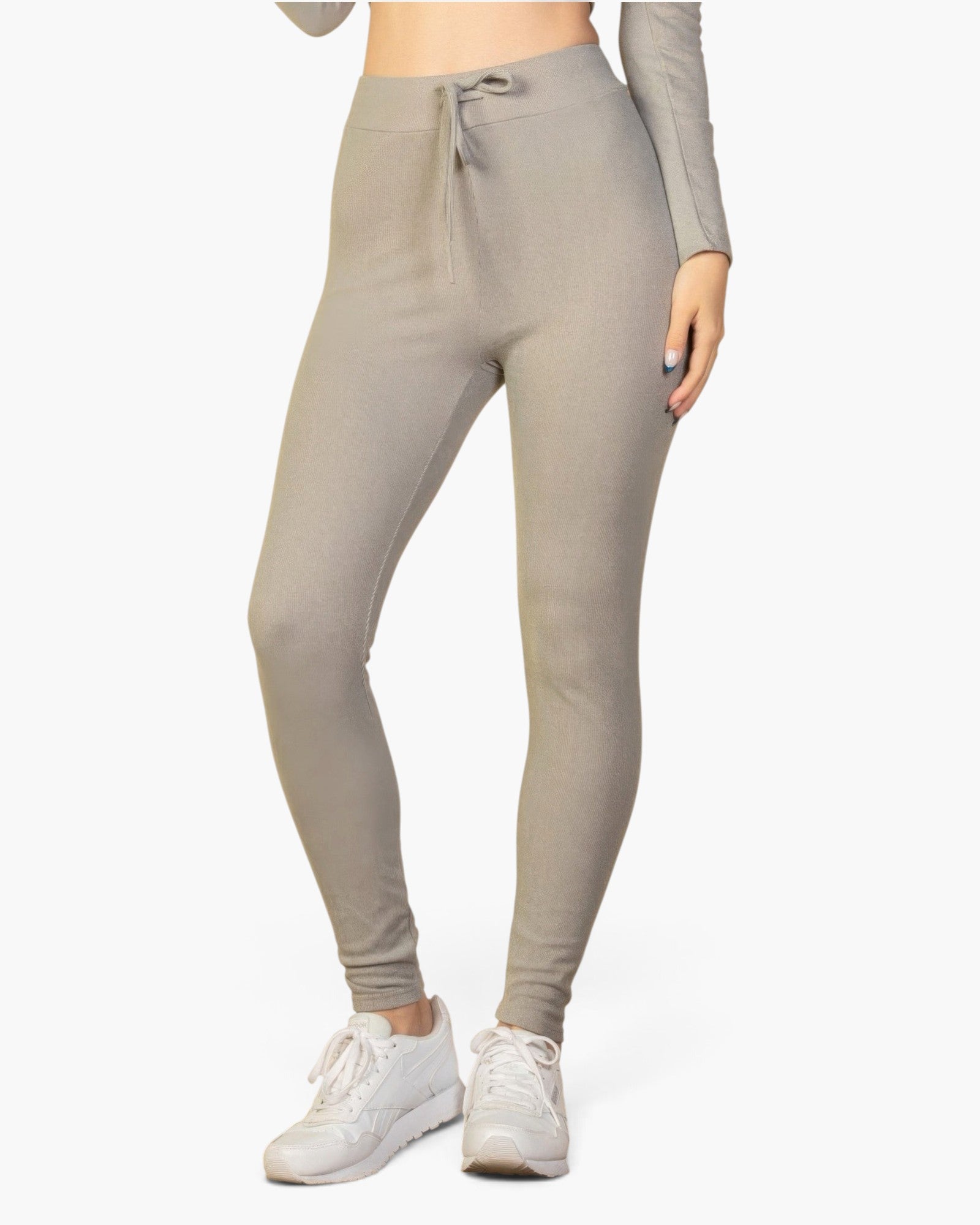 Beach Rose Co. taupe ribbed lounge leggings with an elastic tie-front drawstring waistband on a model