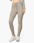 Beach Rose Co. taupe ribbed lounge leggings with an elastic tie-front drawstring waistband on a model